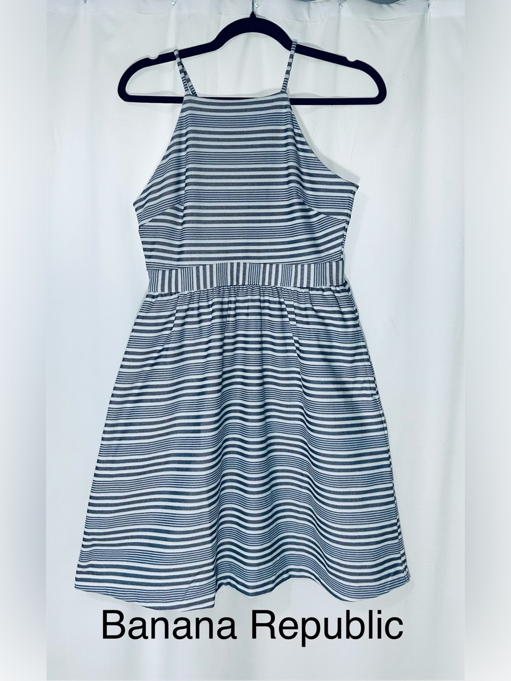 Banana Republic Sz 4P Blue & White Striped Halter Dress w/Pockets